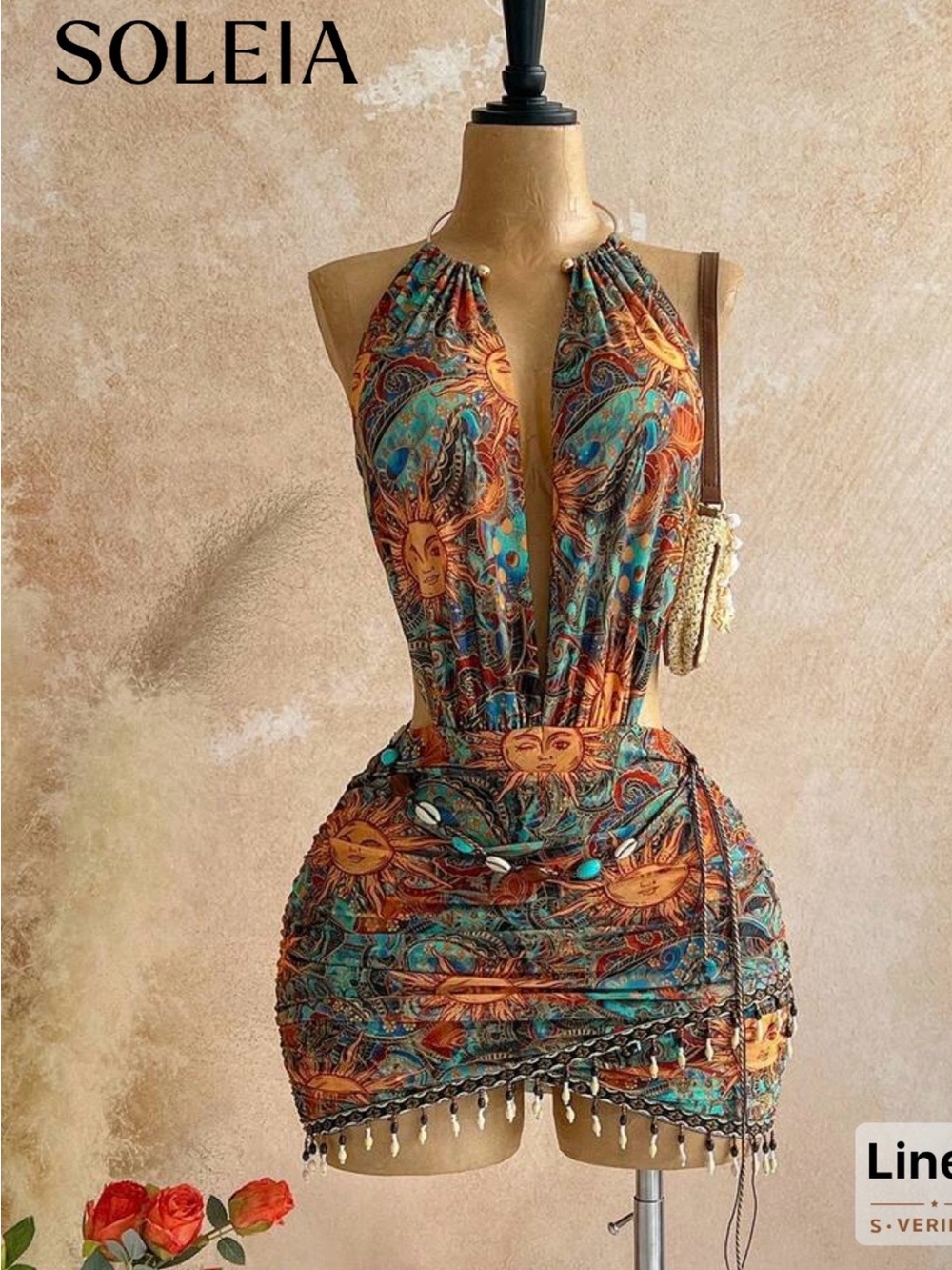 SHEIN Turquoise & Orange Sun-Motif Halter Mini Dress